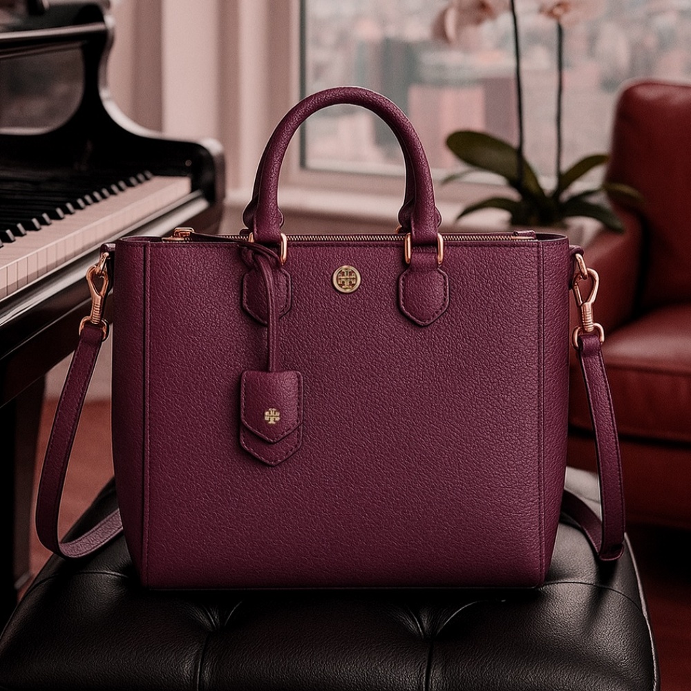NEW Tory Burch Robinson Wine Red Pebbled Leather Mini Square Tote/Crossbody Bag